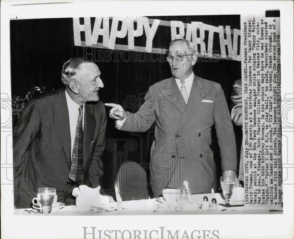 1956 Press Photo Yankees manager Casey Stengel celebrates with Ex-Pres.Truman - Historic Images