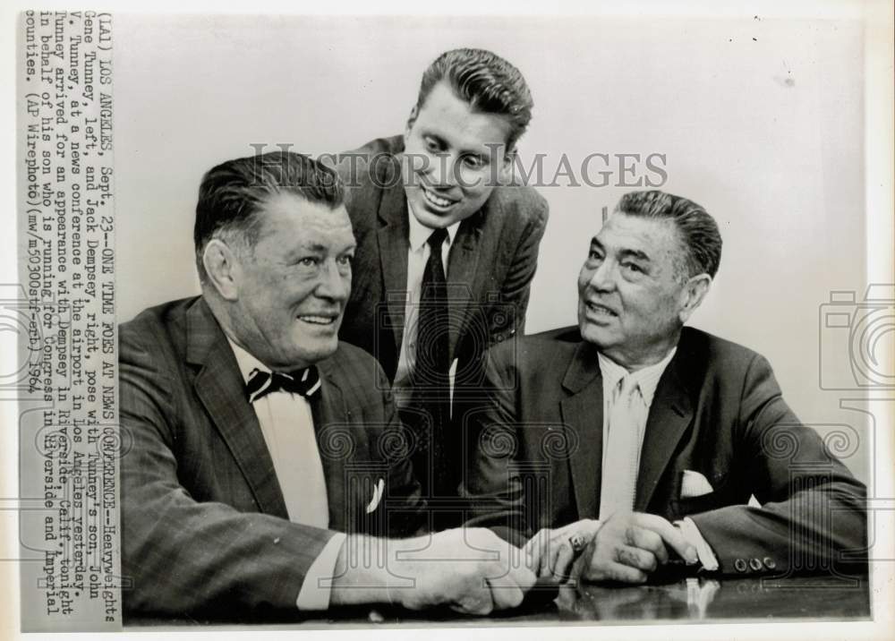 1964 Press Photo Boxing champs Gene Tunney, Jack Dempsey flank John Tunney in LA - Historic Images