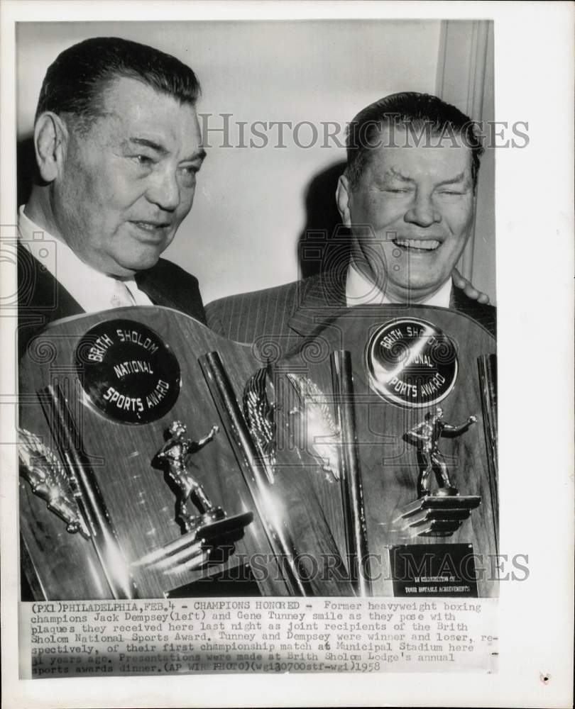 1958 Press Photo Boxing champions Jack Dempsey and Gene Tunney awarded in PA- Historic Images