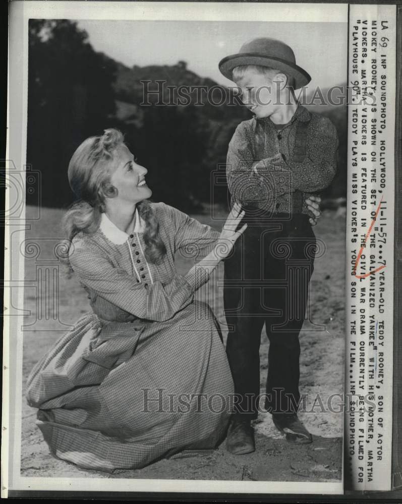 1957 Press Photo Teddy Rooney and mother Martha Vickers on set in Hollywood- Historic Images