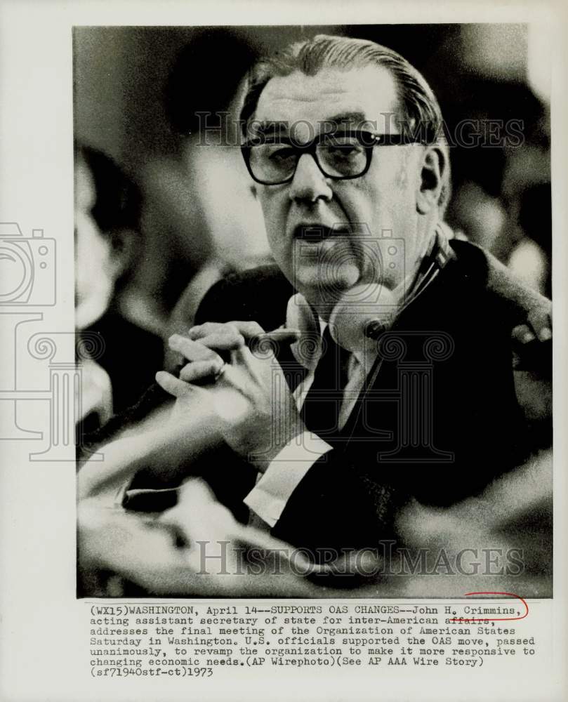 1973 Press Photo John Crimmins addresses American States meeting in Washington- Historic Images