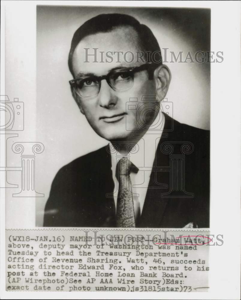 1973 Press Photo Graham Watt, Treasury Department Chief Executive Officer- Historic Images