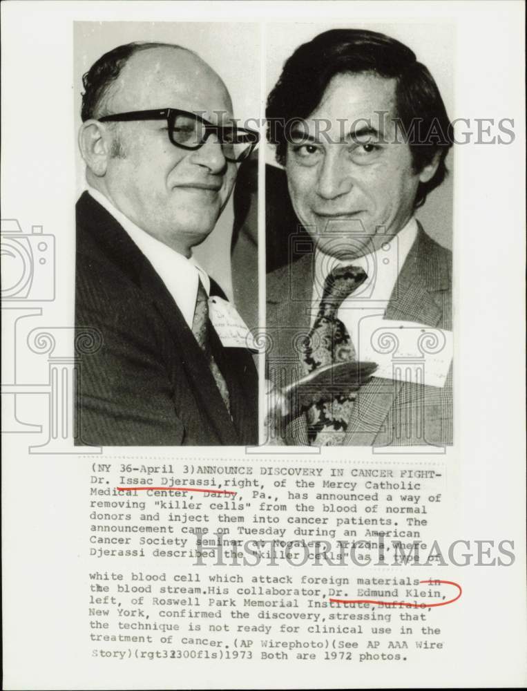 1972 Press Photo Issac Djerassi and Edmund Klein discover cancer treament- Historic Images