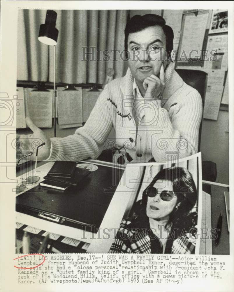 1975 Press Photo William Campbell with photo of Judith Exner at Los Angeles- Historic Images