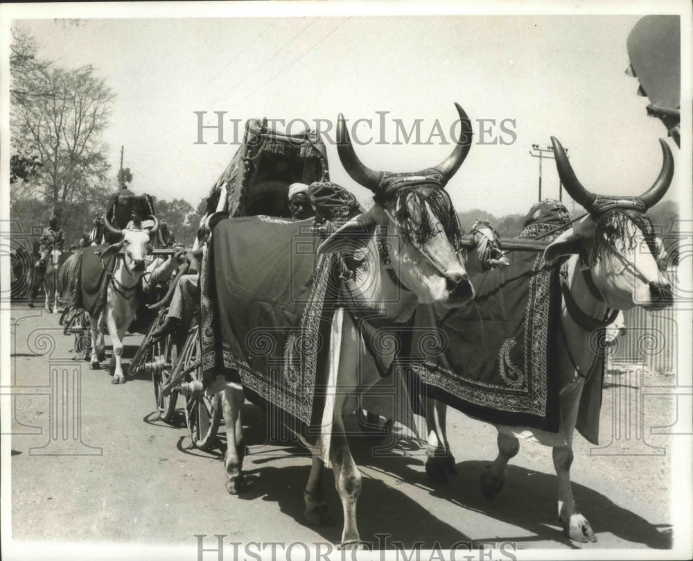 1962 Press Photo Howdahs with elephants or pulled by bulls in Pilgrim festival - Historic Images