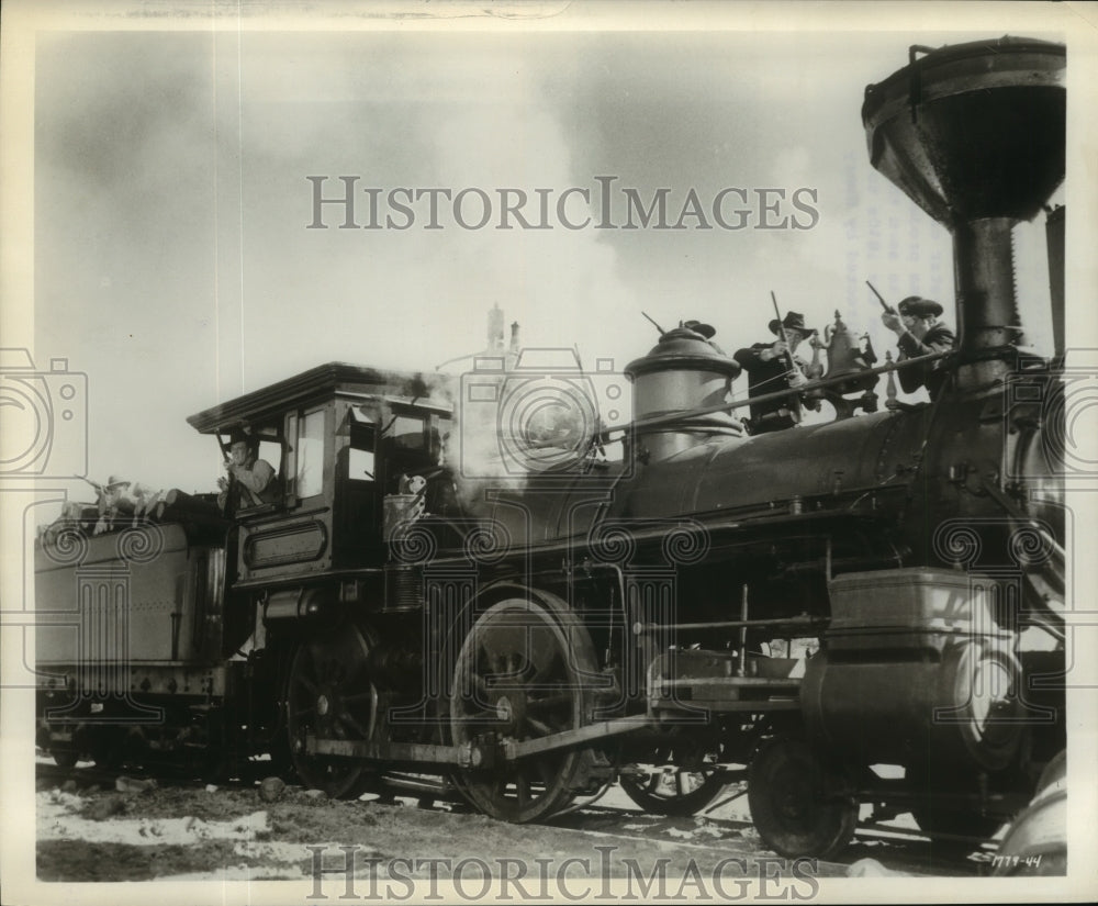 1962 Press Photo How The West Was Won  scene of cavalrymen on a locomotive - Historic Images