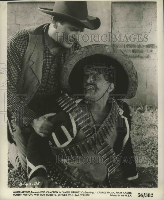 1956 Press Photo Rod Cameron in "Yaqui Drums" co-starring J. Carrol Naish - Historic Images