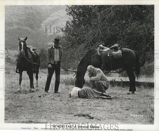 1963 Press Photo Tony Young and R.G. Armstrong in the film "He Rides Tall" - Historic Images