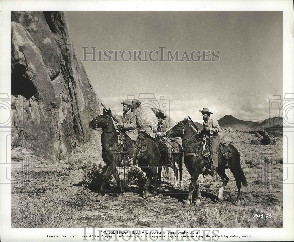 1961 Press Photo Audie Murphy, John Saxon, Rudy Acosta in &quot;Posse From Hell&quot; - Historic Images