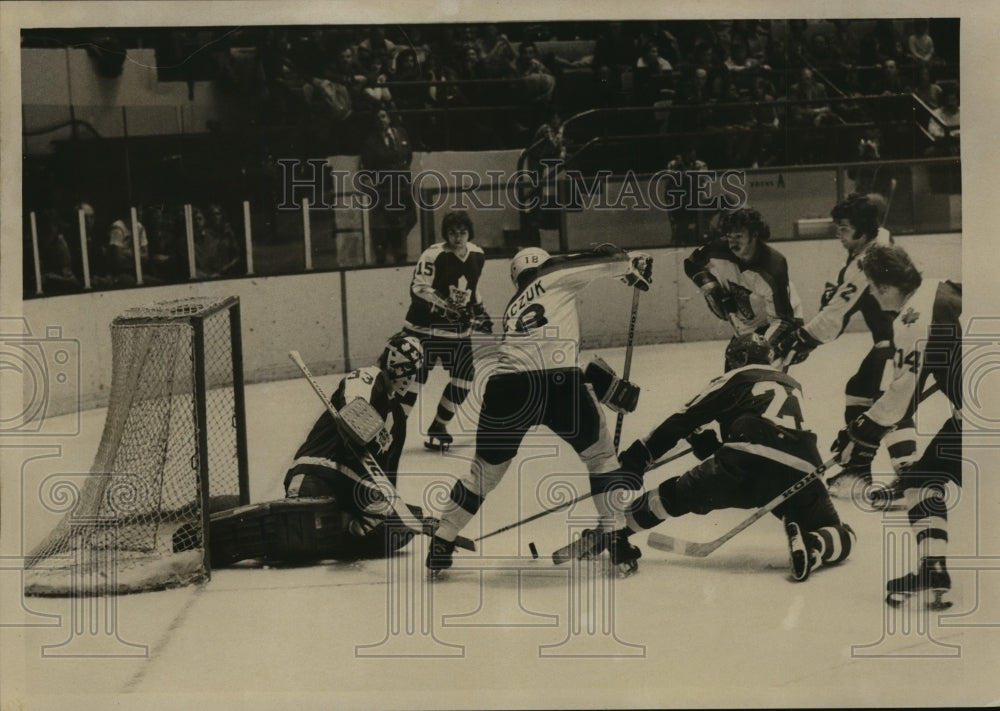 1977 Maple Leafs Goalie #33 Defends Post as Tkaczpk Tries to Score - Historic Images