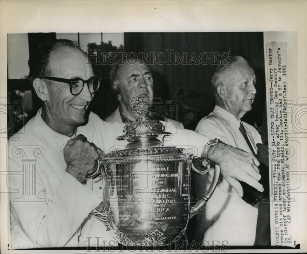 1961 Jerry Barber Wraps Arms Around PGA Trophy After Beating January - Historic Images