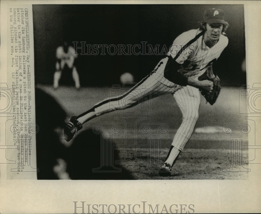 1974 Press Photo Phillies Pitcher Jim Lonborg Delivers Pitch to Padres&#39; Batter - Historic Images