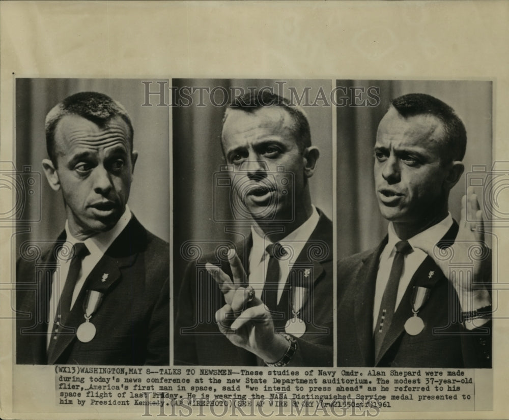 1961 Press Photo Studies of Alan Shepard During News Conference at Auditorium - Historic Images