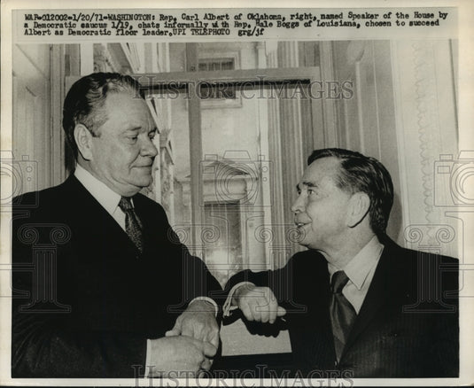 1971 Press Photo Rep Carl Albert of OK Chats with Rep Hale Boggs of Louisiana - Historic Images