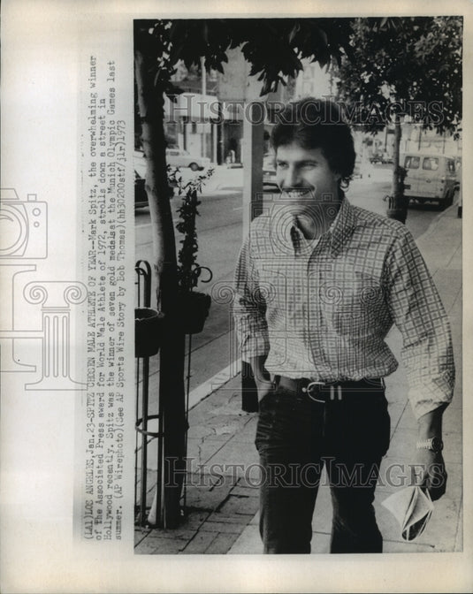 1973 Mark Spitz World Male Althelete Stroll Down Street in Hollywood - Historic Images
