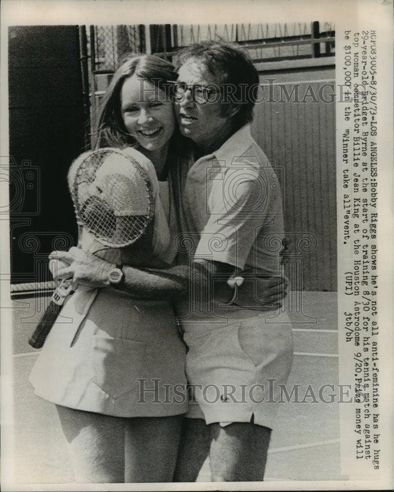 1973 Press Photo Bobby Riggs & Bridget Byrne at the Start of Tennis Training - Historic Images