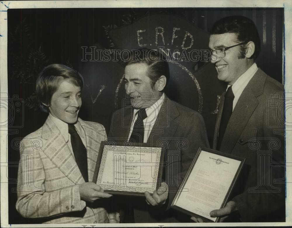 1973 Press Photo Michael Roche receives Merit Certificate from Fire Department - Historic Images