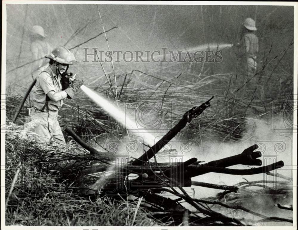 1985 Press Photo Metro firefighters spray water on brushfires on Sunset Drive- Historic Images