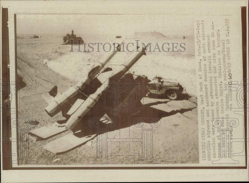 1973 Press Photo Missile dummies found by Israeli armored troops in Sinai Desert- Historic Images