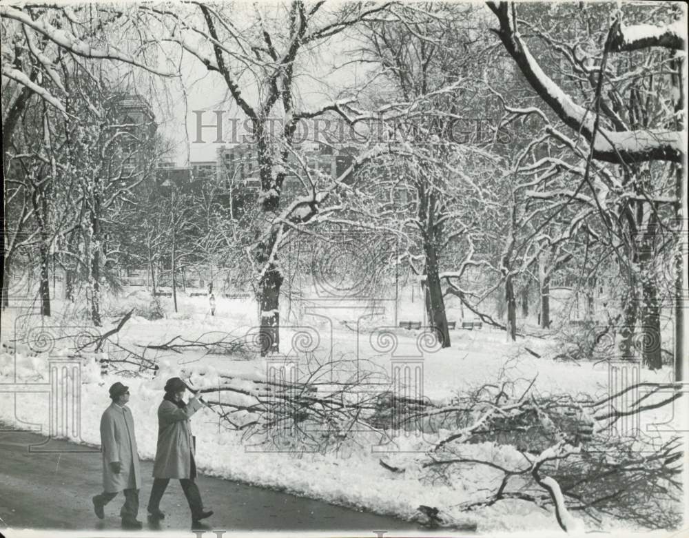 1969 Press Photo Pedestrians walk past snow damaged walkways at Boston Commons- Historic Images