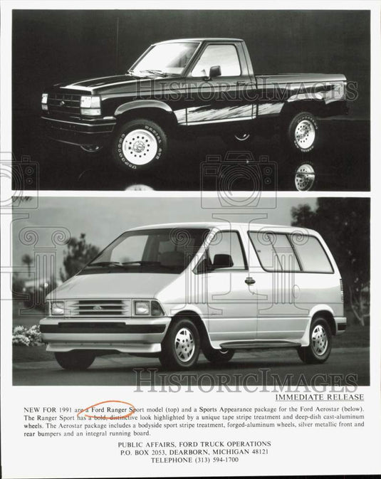 1991 Press Photo Ford Ranger Sport Pickup & Ford Aerostar Sports Appearance Van- Historic Images