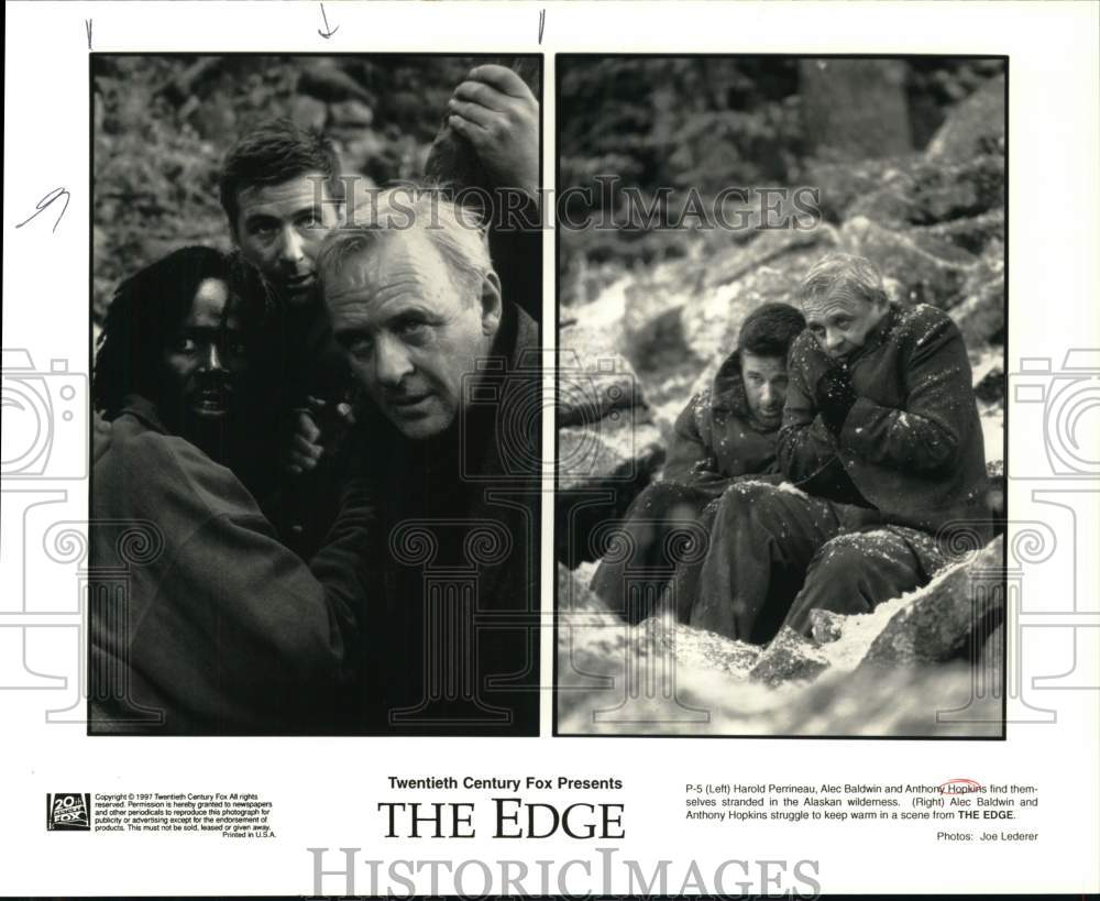 1997 Press Photo Harold Perrineau, Alec Baldwin and Anthony Hopkins in The Edge- Historic Images