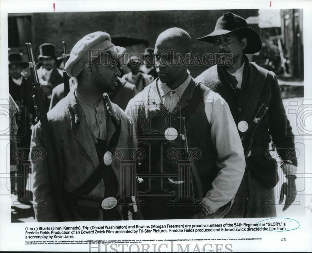 1989 Press Photo Jihmi Kennedy, Denzel Washington, Morgan Freeman star in&quot;Glory&quot;- Historic Images