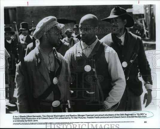 1989 Press Photo Jihmi Kennedy, Denzel Washington, Morgan Freeman star in"Glory"- Historic Images