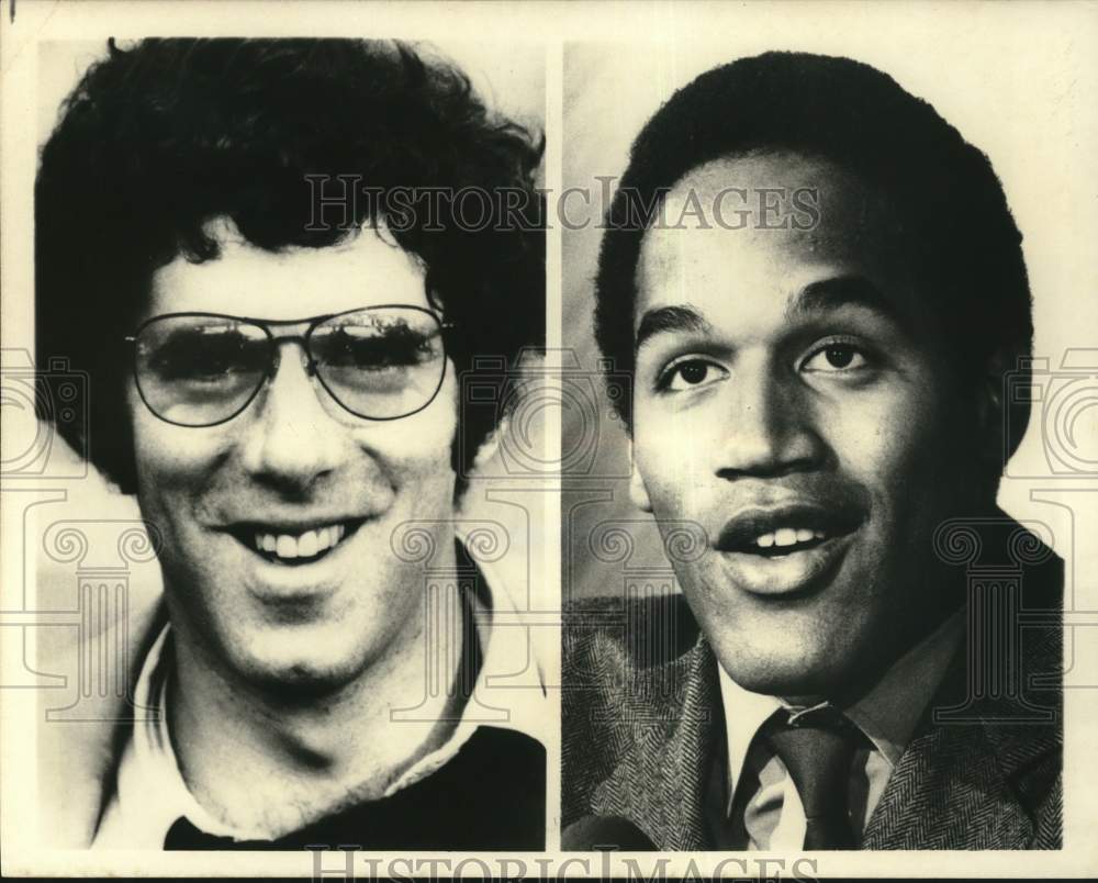 1977 Press Photo Elliott Gould &amp; O.J. Simpson, The Heisman Trophy Awards Special - Historic Images