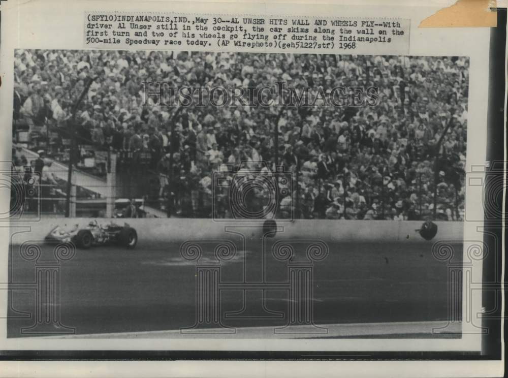 1968 Indianapolis: Racer Al Unser Hits Wall Two Wheels Fly Off - Historic Images
