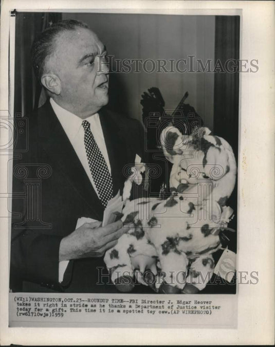1959 J. Edgar Hoover Tanks Justice Visitor for Spotted Toy Cow Gift - Historic Images