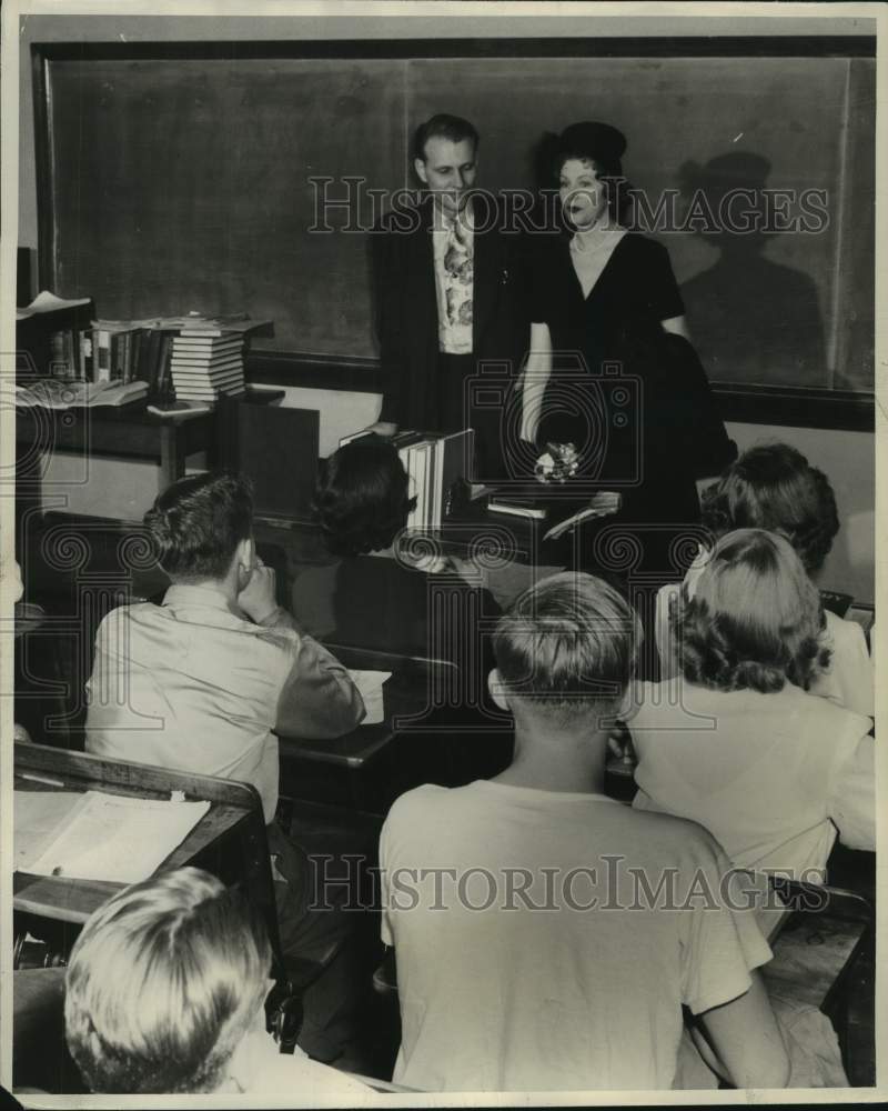 1948 Arlene Dahl visits the news class with Adviser Carl Carlson - Historic Images