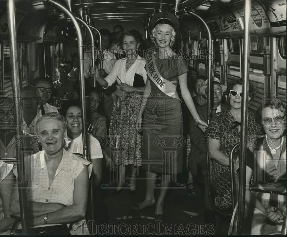 1959 First &quot;Park &amp; Ride&quot; Bus Loaded With Free Passengers &amp; Hostess - Historic Images