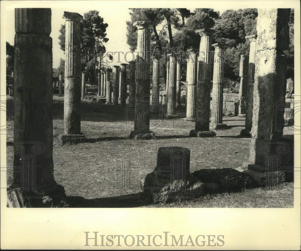 1968 Columns of Palaistra, site of ancient games in Olympia Greece - Historic Images