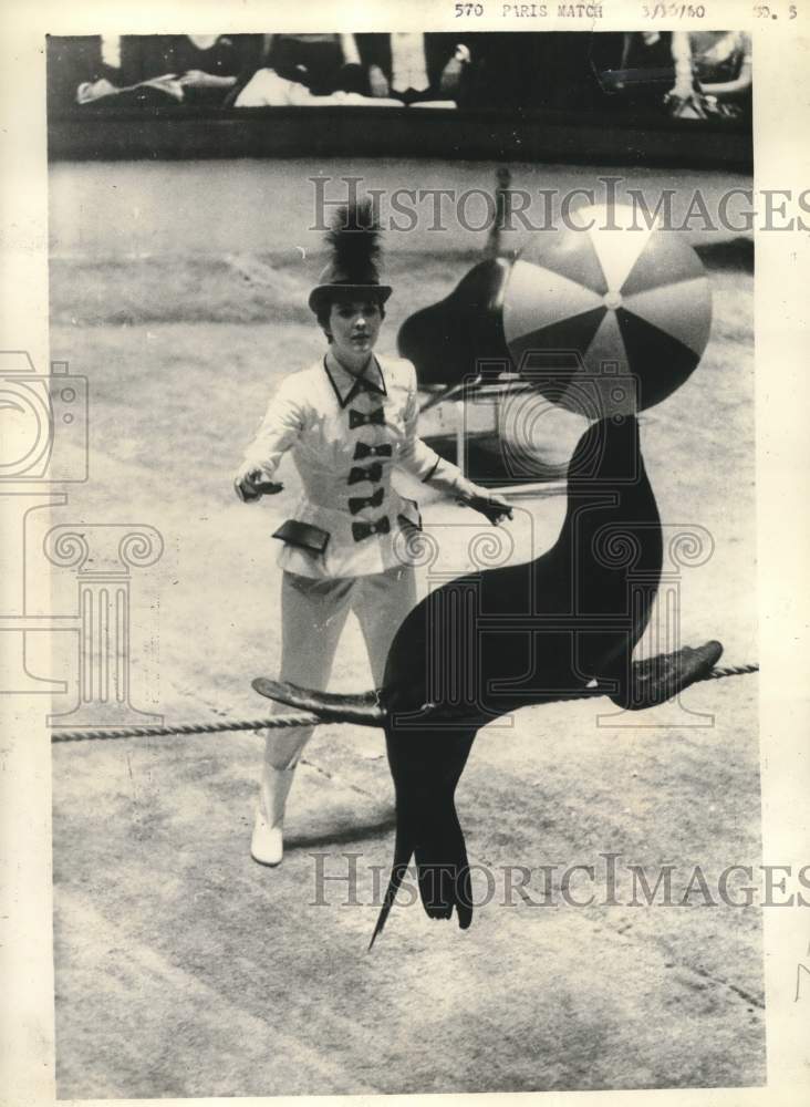 1960 Actress Jean Seberg trained seal at Annual Paris Artists Ball - Historic Images