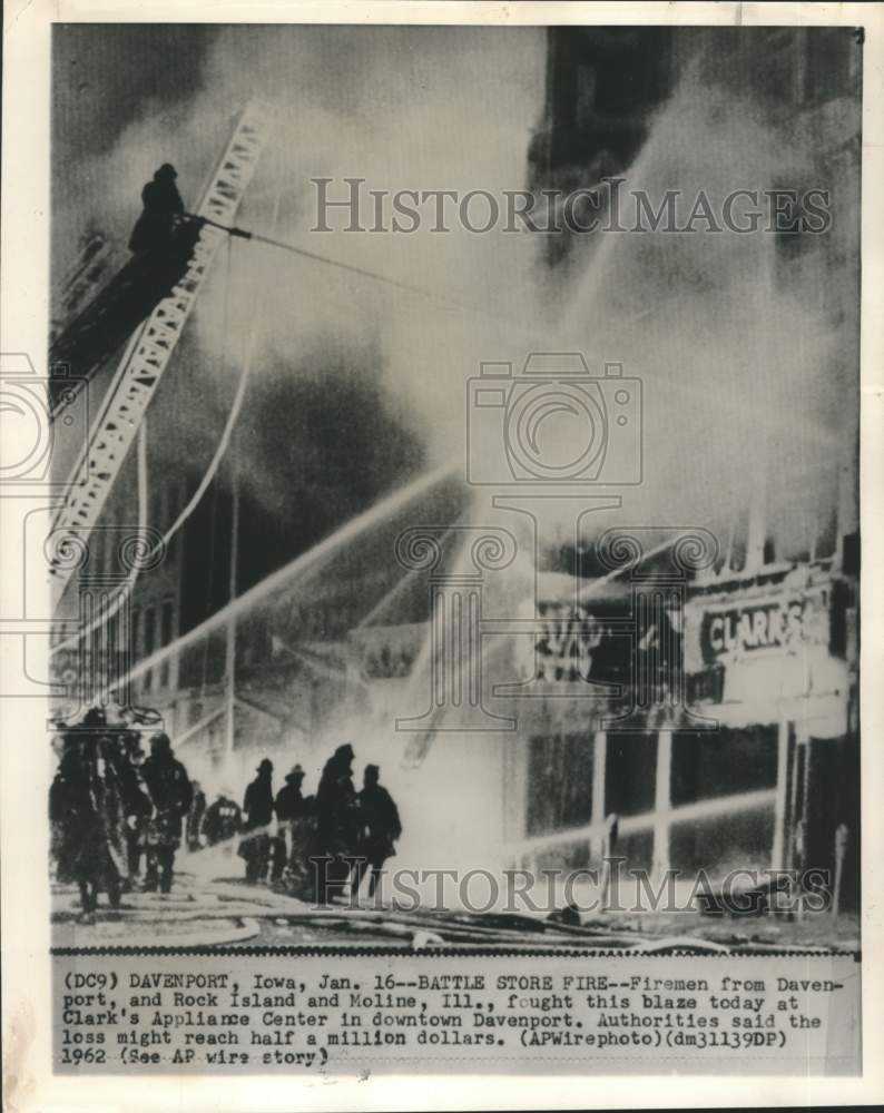 1962 Firemen dousing the fire at Clark&#39;s Appliance Center in Iowa-Historic Images