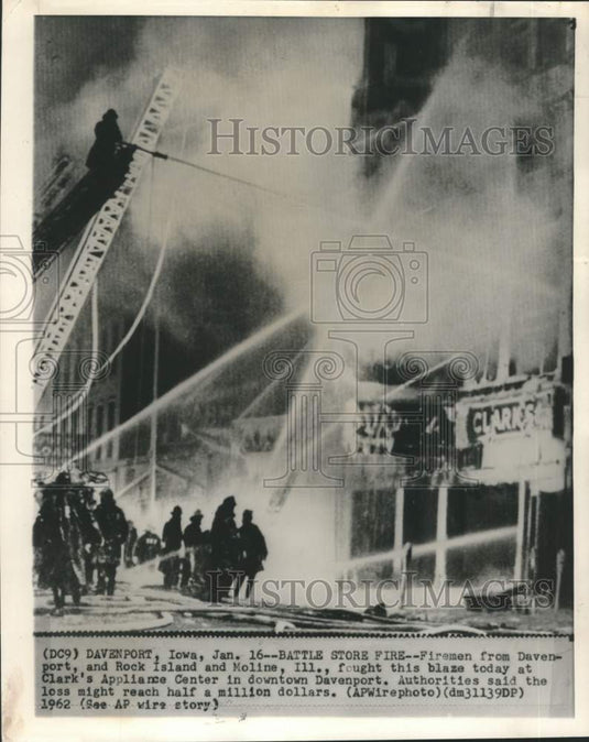 1962 Firemen dousing the fire at Clark's Appliance Center in Iowa-Historic Images