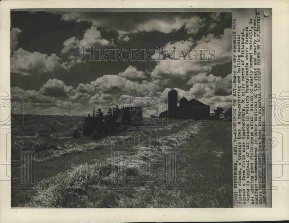 1957 Tractor Tows Hay-gathering &amp; Bailing Machine Near Spartansburg-Historic Images