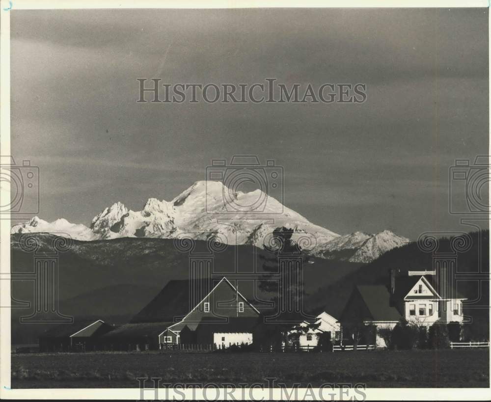 1984 Press Photo Farms on Fir Island Road with Mount Baker in the background - Historic Images