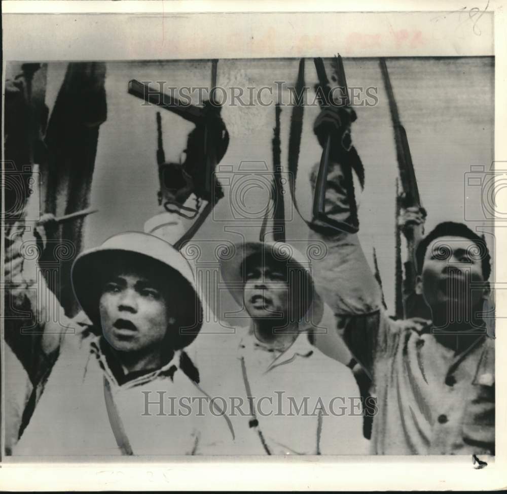 1969 Kwangchow mediamen raise guns during a mass rally-Historic Images