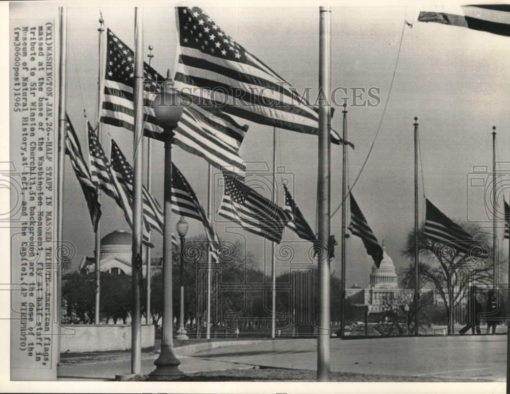 1965 Press Photo American flags at Washington DC Monument fly at half staff - Historic Images