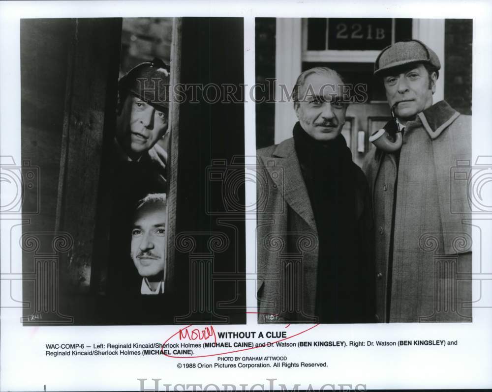 1988 Press Photo actors Ben Kingsley and Michael Caine in &quot;Without a Clue&quot; movie - Historic Images