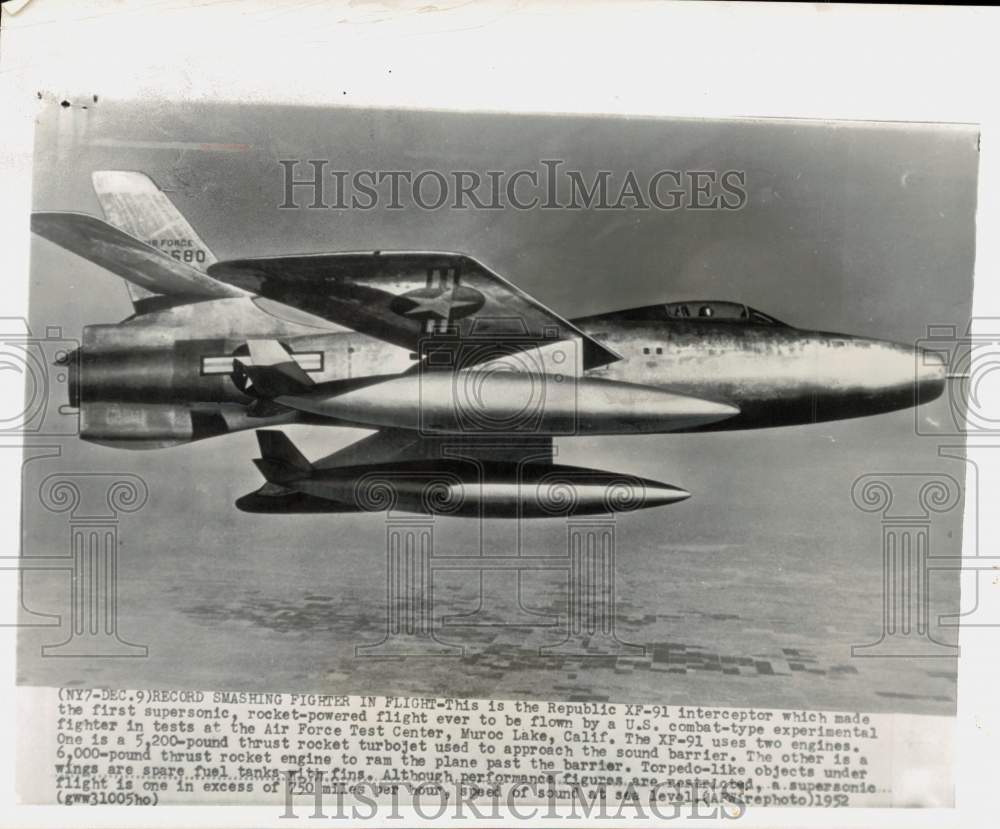 1952 Press Photo Republic XF-91 interceptor tested over Muroc Lake, California- Historic Images