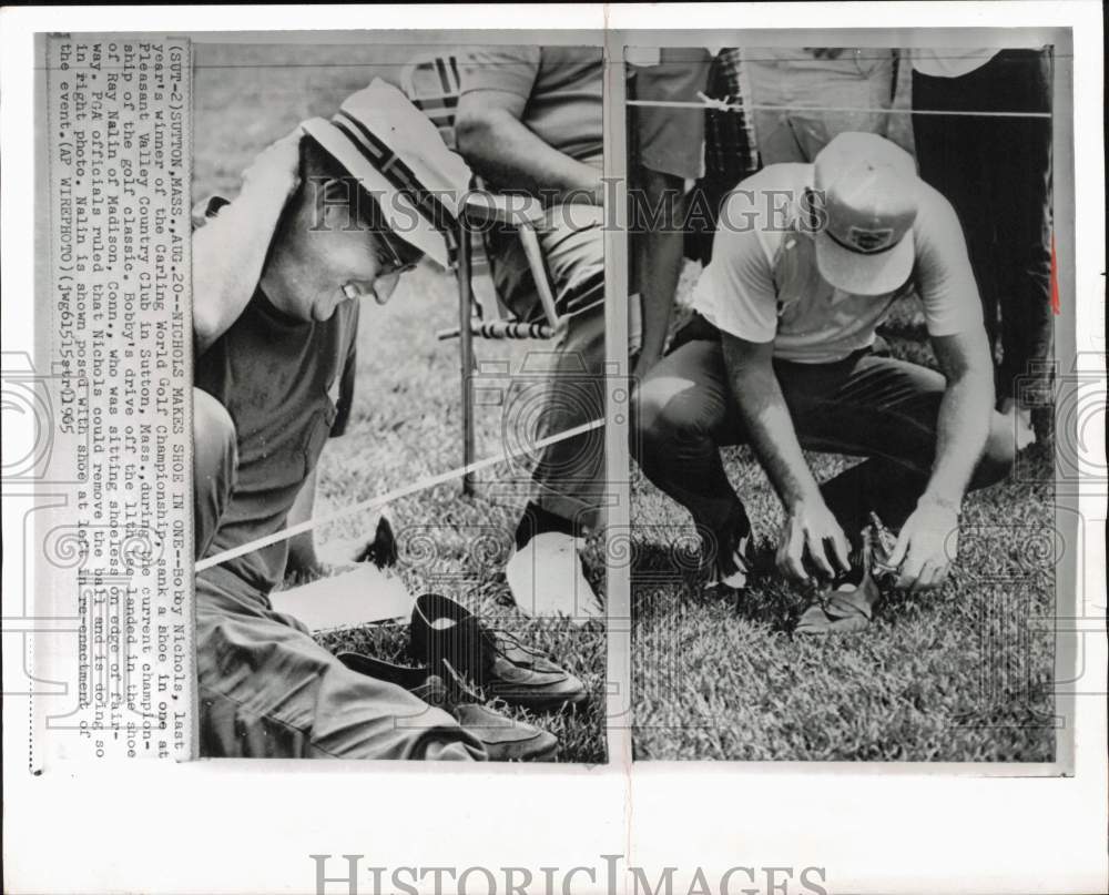 1965 Press Photo Bobby Nichols sinks ball into shoe of Ray Nalin in MA - Historic Images