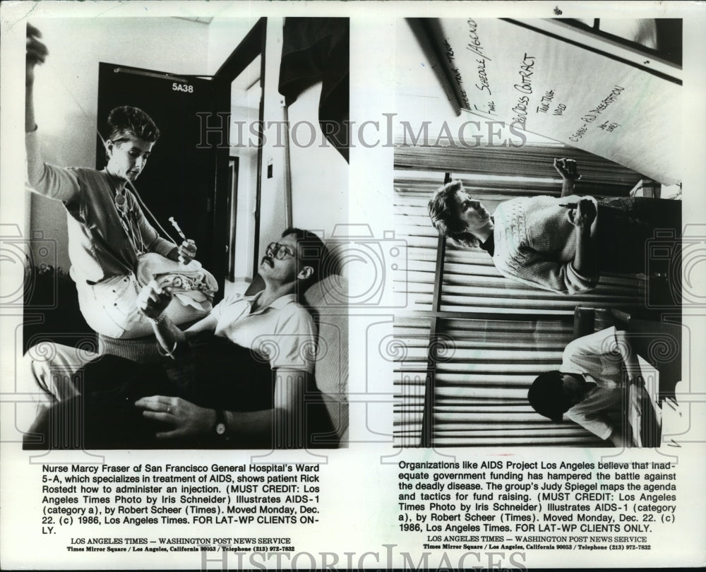 1987 Press Photo Nurse Marcy Fraser attending to AIDS patient Rick Rostedt - Historic Images