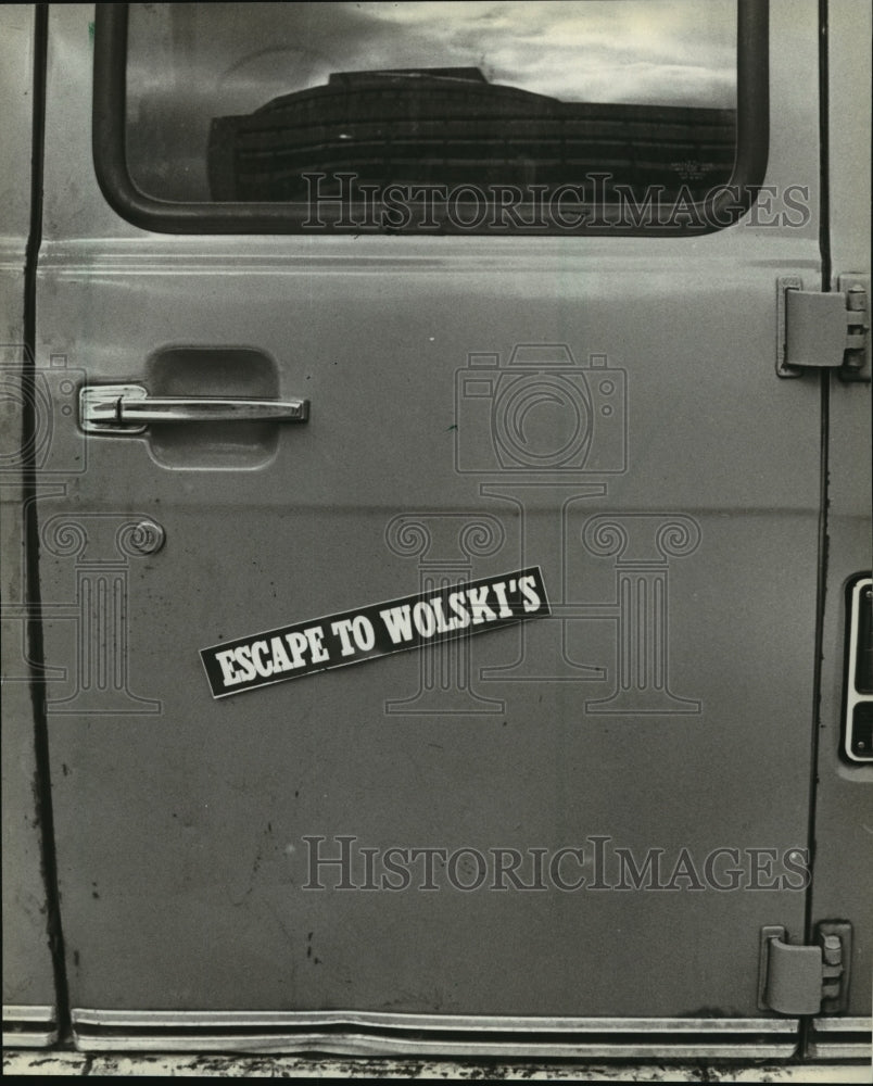 1981 Press Photo One of Wolski's myriad of bumper stickers - mja00577 - Historic Images