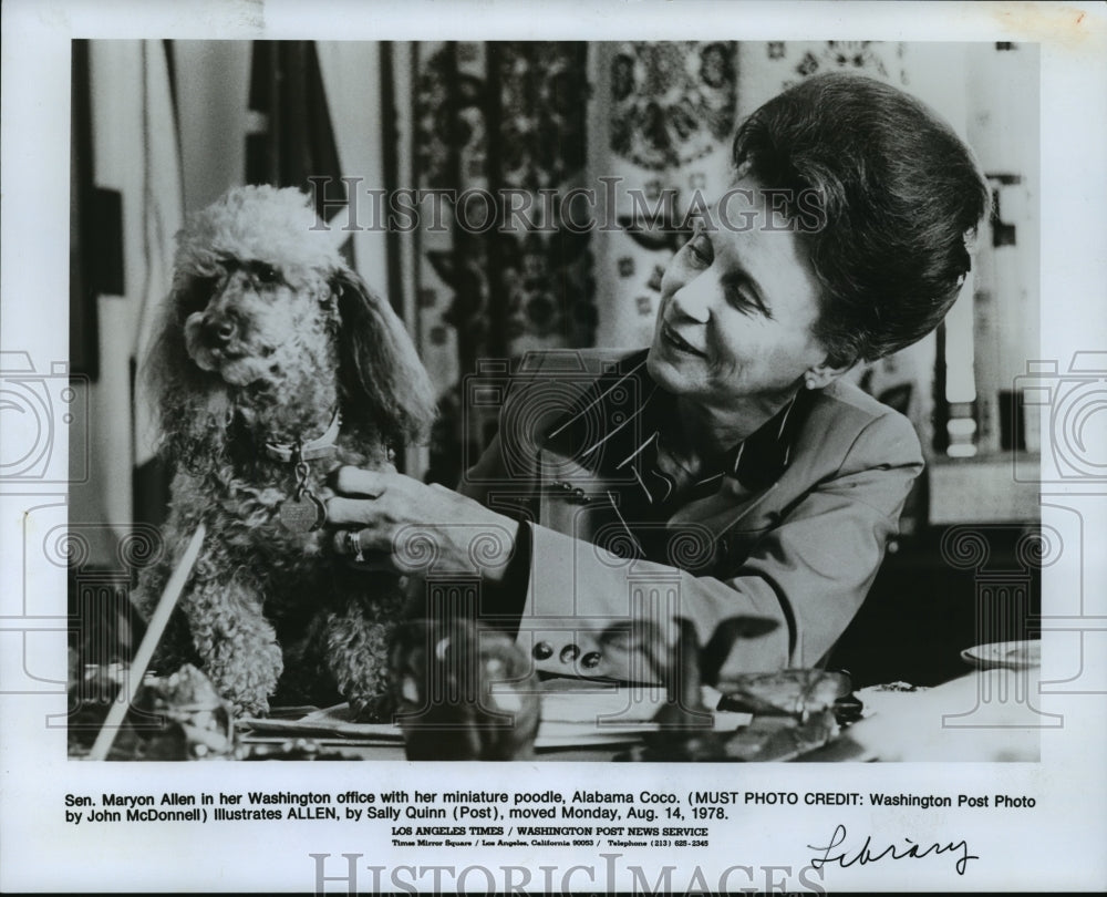 1978 Press Photo Sen. Maryon Allen in her Washington office with her poodle-Historic Images