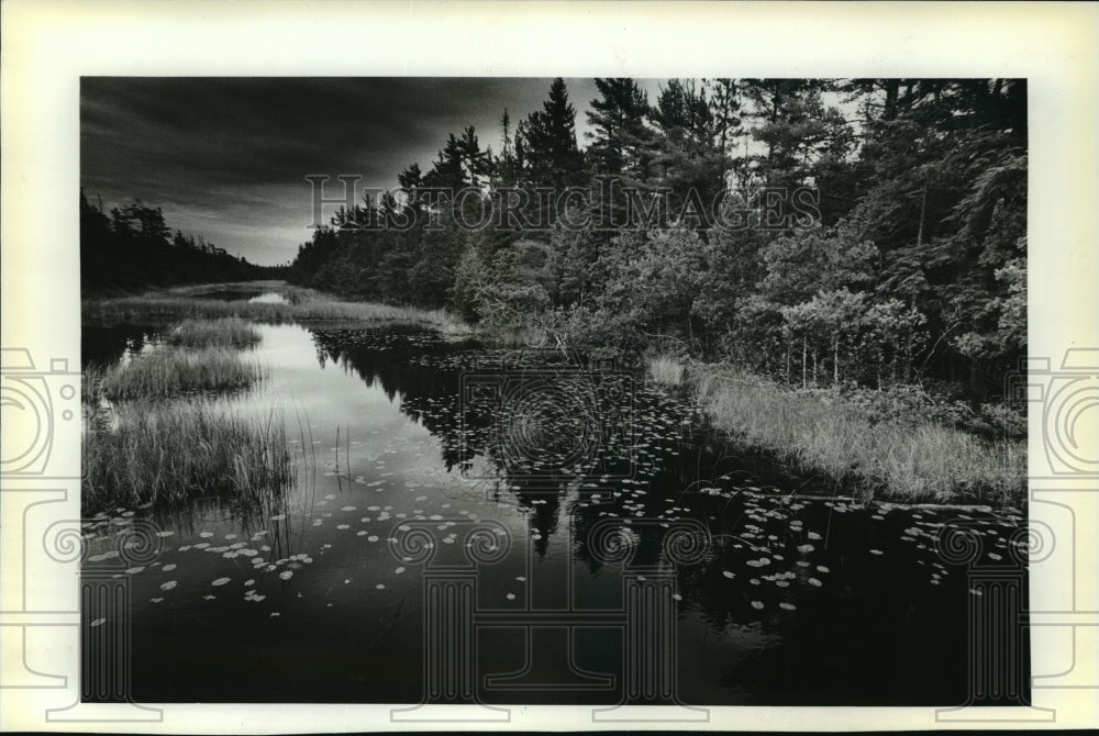 1986 Press Photo Pond Mirrors Ridges Sanctuary Bailey Harbor in Wisconsin-Historic Images