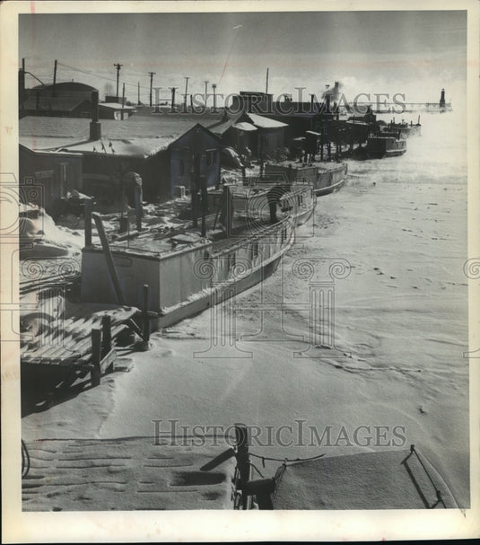 1963 Press Photo Ice covered fishing boats at Algoma, Wis. - mja05375 - Historic Images