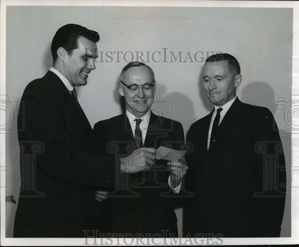 1965 Press Photo Gary Knafelc presents an $11,818 check to Dr. James F. Crow - Historic Images